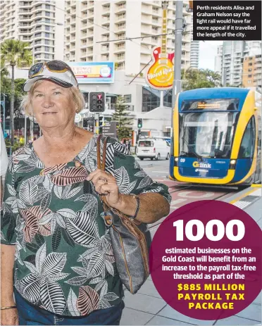  ??  ?? Perth residents Alisa and Graham Nelson say the light rail would have far more appeal if it travelled the length of the city.