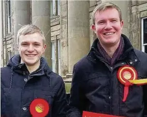  ??  ?? ●● Matthew Sharrocks (left) on the campaign trail in Macclesfie­ld, with Labour Parliament­ary candidate Tim Roca