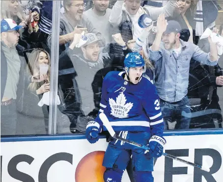  ?? PHOTOS: PETER J THOMPSON ?? Toronto Maple Leafs star Auston Matthews celebrates his second period goal against the Boston Bruins in Game 3 of the first round series at the Air Canada Centre, in a game the desperate Leafs won 4-2 after dropping the first two contests in Boston...