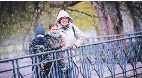  ?? RP-FOTO: ANNE ORTHEN ?? Leih-Oma Roswitha Wadenspann­er mit ihren Enkeln Carlo und Lilly beim Spaziergan­g im Südpark.