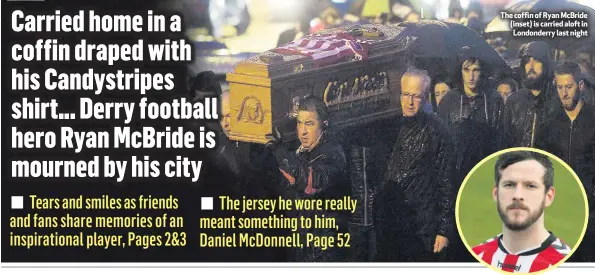  ??  ?? The coffin of Ryan McBride (inset) is carried aloft in Londonderr­y last night