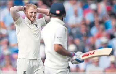  ??  ?? England skipper Ben Stokes reacts as Virat Kohli looks on at Trent Bridge