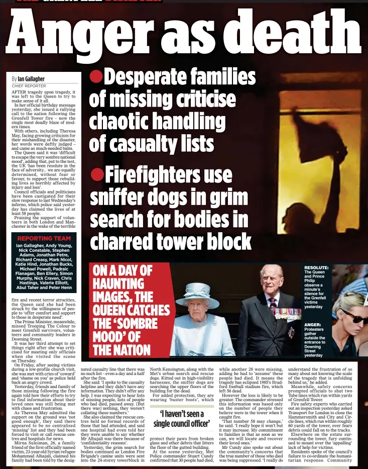  ??  ?? RESOLUTE: The Queen and Prince Philip observe a minute’s silence for the Grenfell victims yesterday
ANGER: Protesters gather outside the entrance to Downing Street yesterday