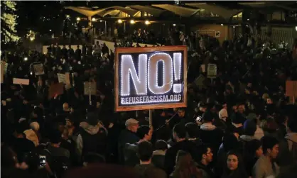  ??  ?? Protesters against a scheduled speaking appearance by Milo Yiannopoul­os fill Sproul Plaza on the University of California at Berkeley campus in 2017. Photograph: Ben Margot/AP