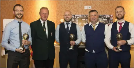  ??  ?? Sean Culleton, joint A team player of the year; Denis Hennessy, Chairman of the Wexford Football League; Keith Katus, B team player of the year; Ken O’Neill, club chairman and Daryl Walsh, joint A team player of the year.