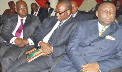  ??  ?? From left: Prof. Peter Akpe (SAN); Prof. Deji Adekunle and Prof. Epiphany Azinge (SAN), during the 35th anniversar­y celebratio­n of the Nigerian Institute of Advance Legal Studies in Abuja recently.