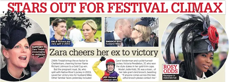  ??  ?? SUPPORT Zara Tindall encouragin­g ex yesterday PALS Richard and Zara split in 2003 SMOOCH With husband Mike JOY Richard Johnson wins ROSY ODDS Racegoer in elaborate hat