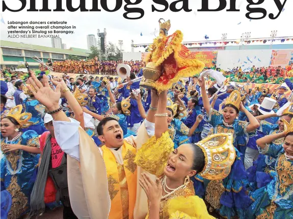  ??  ?? Labangon dancers celebrate after winning overall champion in yesterday’s Sinulog sa Barangay. ALDO NELBERT BANAYNAL