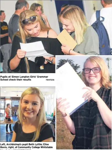  ?? Picture: Kim Padgett FM4469435/FM4469645 FM4470206 ?? Pupils at Simon Langton Girls’ Grammar School check their results Left, Archbishop’s pupil Beth Lyttle; Elise Bovis, right, of Community College Whitstable