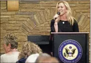  ?? C.B. Schmelter/chattanoog­a Times Free Press via AP ?? Marjorie Taylor Greene, Congresswo­man for the 14th District in Georgia, speaks during the Murray County town hall meeting at The Cloer Barn on March 24 in Chatsworth.