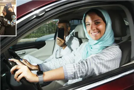  ?? Getty Images ?? A young woman in Jeddah, above, drives a car on the first day she is legally allowed to drive in Saudi Arabia on June 24, 2018. Above left, Mo Gannon, wearing Moe Khoja’s driving jacket emblazoned with the historic date, prepares to get in the Arab News SUV and drive at midnight June 24 with colleagues Aisha Fareed, left, and Aseel Bashraheel, right, as passengers.