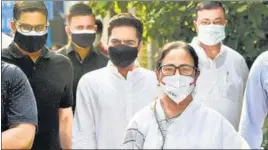  ?? SAMIR JANA/HT ?? West Bengal CM Mamata Banerjee, nephew Abhishek Banerjee and poll strategist Prashant Kishor in Kolkata on Monday.