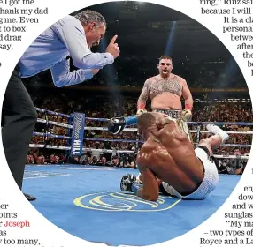  ?? GETTY IMAGES ?? Andy Ruiz Jr knocks down champion Anthony Joshua in the third round of their fight in June.