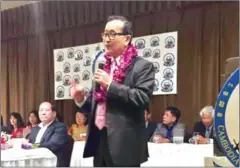  ?? FACEBOOK ?? Sam Rainsy speaks to supporters at the official launch of the Cambodia National Rescue Movement in Long Beach, California.