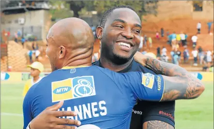  ?? Picture: FILE ?? KEEPING CLOSE TABS: Coach Benni McCarthy,right, embraces his Cape Town City captain, Robyn Johannes, who returns for their MTN8 final against SuperSport United at Moses Mabhida stadium in Durban today