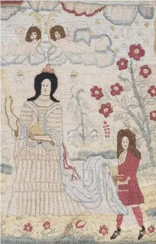  ?? ?? A Queen Anne needlework panel, depicting the Queen and an attendant standing in a garden © Toovey’s 2021.