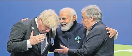 ?? Picture: SUPPLIED ?? British Prime Minister Boris Johnson (left) and UN Secretary-General Antonio Guterres greet India Prime Minister Narendra Modi (middle) at the COP26 U.N. Climate Summit in Glasgow, Scotland on Monday November 1, 2021. The U.N. climate summit in Glasgow gathers leaders from around the world in Scotland’s biggest city to lay out their vision for addressing the common challenge of global warming.