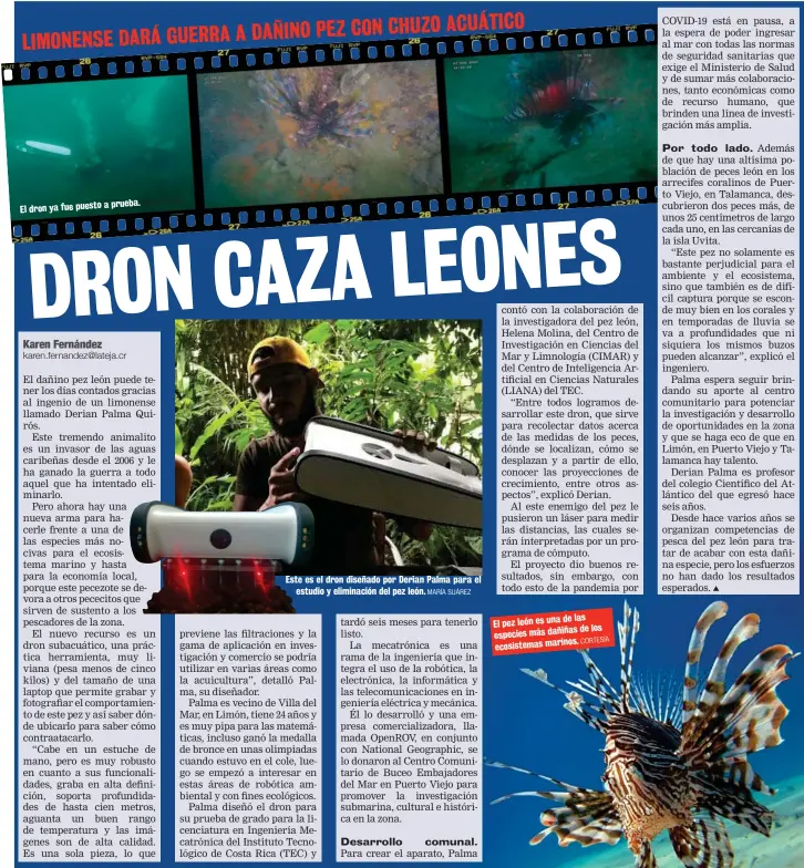  ?? MARÍA SUÁREZ MARÍA SUÁREZ CORTESÍA ?? a prueba. El dron ya fue puesto
Este es el dron diseñado por Derian Palma para el
estudio y eliminació­n del pez león.
de las El pez león es una
de los especies más dañiñas ecosistema­s marinos.