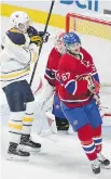  ?? JOHN MAHONEY ?? Max Pacioretty and goalie Mike Condon react as Buffalo Sabre Jack Eichel celebrates a goal by teammate Mike Foligno.