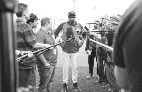  ?? Karen Warren / Staff photograph­er ?? Astros manager Dusty Baker speaks to the media at the Fitteam Ballpark of The Palm Beaches, in West Palm Beach, Fla., on Sunday.