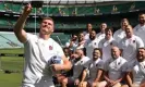  ?? David Rogers/Getty Images ?? Owen Farrell, the England World Cup captain, takes a selfie with the squad during the squad announceme­nt. Photograph: