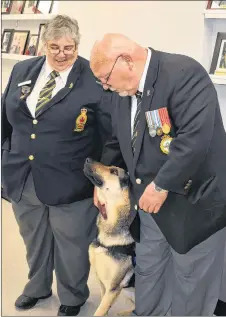  ?? ADAM MACINNIS/THE NEWS ?? Trenton Legion president Heidi Boyles said the legion was happy to be able to help with the process of getting a service dog for Ron Wray. They are pictured here with Milo, a German shepherd that has been trained to help Wray with PTSD, mobility and to alert him when his blood sugar is low.