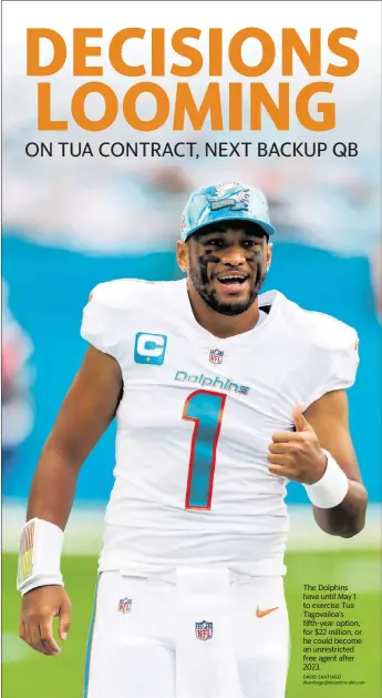  ?? DAVID SANTIAGO dsantiago@miamiheral­d.com ?? The Dolphins have until May 1 to exercise Tua Tagovailoa’s fifth-year option, for $22 million, or he could become an unrestrict­ed free agent after 2023.
