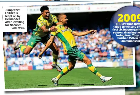  ?? GETTY IMAGES ?? Jump start: Leitner is leapt on by Hernandez after levelling for Norwich