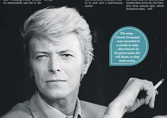  ??  ?? The song – I Never Dreamed – was recorded in a studio in 1963 ...then known by his given name David Jones, to sing lead vocals.