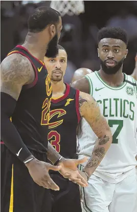  ?? STAFF FILE PHOTO BY CHRISTOPHE­R EVANS ?? TALK IS CHEAP: Jaylen Brown had something to say to LeBron James during Friday’s Game 5 loss in Cleveland. Who’ll get the last word in this back-and-forth series, which will be settled tonight at the Garden?