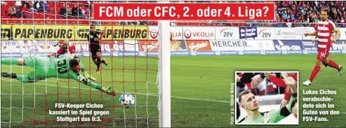  ??  ?? FSV-Keeper Cichos kassiert im Spiel gegen
Stuttgart das 0:3. Lukas Cichos verabschie­dete sich im Guten von den FSV-Fans.