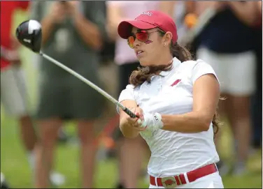  ?? David Gottschalk/NWA Democrat-Gazette ?? Watching her shot: University of Arkansas golfer Maria Fassi watches her shot on the first hole during the NCAA women's golf championsh­ip Monday, May 20, 2019, at the Blessings Golf Club in Johnson.