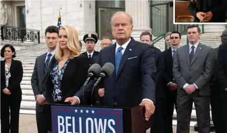  ??  ?? SPARRING PARTNERS: Kelsey Grammer, above, and Rachelle Lefevre, top right, play courtroom opponents in Fox’s ‘Proven Innocent.’