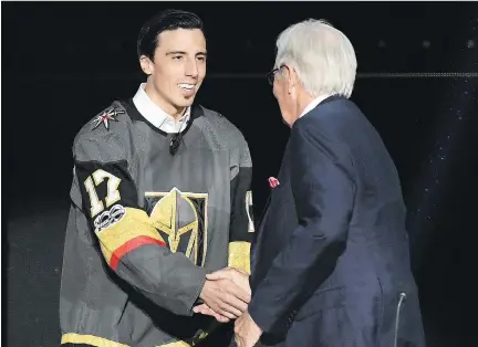  ?? ETHAN MILLER/GETTY IMAGES ?? Goaltender Marc-Andre Fleury, shaking hands with Vegas Golden Knights owner Bill Foley during June’s expansion draft, says he was “surprised” when his Nevada movers recognized him last weekend. “I’ve been pleasantly surprised at the excitement about...