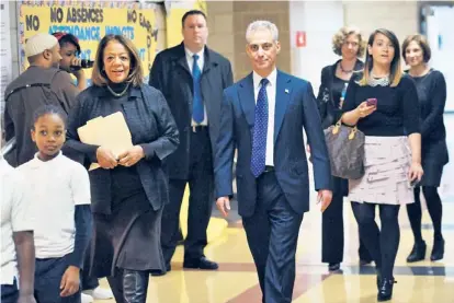  ?? | SUN-TIMES FILES ?? Mayor Rahm Emanuel and Schools CEO Barbara Byrd-Bennett visit the Paul Cuffe academy in February.
