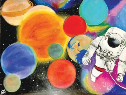 ??  ?? SPACE KID 13-year-old Kiko Dumaup's entry, one of the 12 winners of a 2018 calendar artwork contest held by the National Aeronautic­s and Space Administra­tion (NASA) in 2017