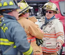  ?? SEAN D. ELLIOT/THE DAY ?? In this file photo, Norwich city fire department Chief Kenneth Scandariat­o, right, directs operations as firefighte­rs battle a blaze at Boyd’s Used Auto Parts in Norwich on March 22.