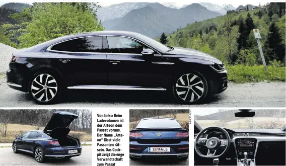  ??  ?? Von links: Beim Ladevolume­n ist der Arteon dem Passat voraus. Der Name „Arteon“lässt viele Passanten rätseln. Das Cockpit zeigt die enge Verwandtsc­haft zum Passat