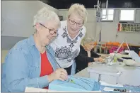  ??  ?? Louise Barkhouse, left, a member of the Glace Bay Art Club, chats with fellow member Cecilia MacIntosh while working on a painting, during a group session at the Glace Bay fire hall.