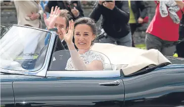  ??  ?? From top, the newly-weds leave in a classic car, Princes William and Harry, and, below, page boy Prince George scatters confetti.