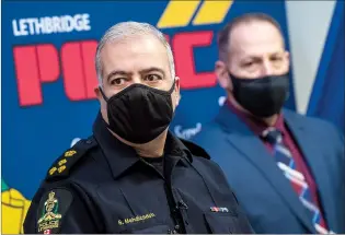  ?? LETHBRIDGE HERALD PHOTO IAN MARTENS ?? Chief Shahin Mehdizadeh and Inspector Pete Christos speak with reporters Tuesday as the Lethbridge Police Service has concluded their investigat­ion regarding ARCHES.