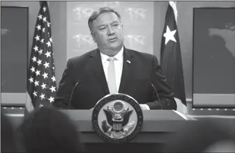  ?? AP Photo/Cliff Owen ?? Canceling treaty: Secretary of State Mike Pompeo briefs reporters at the State Department in Washington, Wednesday. Pompeo has announced that the U.S. is canceling a 1955 treaty with Iran establishi­ng economic relations and consular rights between the two nations.