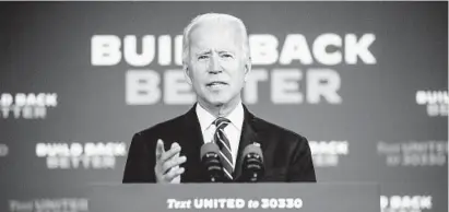  ?? ANDREW HARNIK/AP ?? Democratic presidenti­al candidate Joe Biden speaks at a campaign event in New Castle, Delaware.