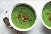  ?? NEW YORK TIMES FOOD STYLIST: MONICA PIERINI. LINDA XIAO / THE ?? Lemony spinach soup with farro. Loaded with greens and other vegetables, plus farro and creamy potato, this soup walks the line between healthful and heavy.