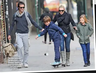  ??  ?? A rare picture of Winslet with hubby “Neddy” and her children Joe and Mia in 2011).