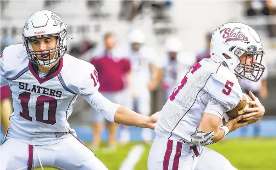  ?? APRIL GAMIZ/THE MORNING CALL ?? Eric Striba, left, and Kael Godshalk are the first pair of Bangor teammates to run for 1,000 yards in the same season.