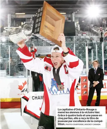  ?? PHOTO COURTOISIE, HOCKEY CANADA ?? La capitaine d’ontario-rouge a mené les siennes à la victoire hier. Grâce à quatre buts et une passe en cinq parties, elle a reçu le titre de joueuse par excellence de la compétitio­n.