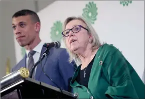  ?? ?? The Canadian Press
Elizabeth May speaks as co-leadership candidate Jonathan Pedneault looks on after May was elected the new leader of the Green Party in Ottawa in November 2022.