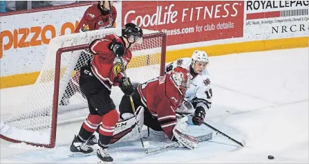  ?? JULIE JOCSAK THE ST. CATHARINES STANDARD ?? Mack Guzda defends the Owen Sound net against Niagara’s Jason Robertson in OHL action Thursday night at Meridian Centre in St. Catharines.