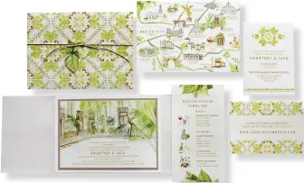  ??  ?? “Talavera Tile” invitation suite featuring original watercolor renderings, hand-painted detailing throughout, custom illustrati­on of the venue’s courtyard, and a hand-drawn map
highlighti­ng local attraction­s by Momental Designs; momentalde­signs.com